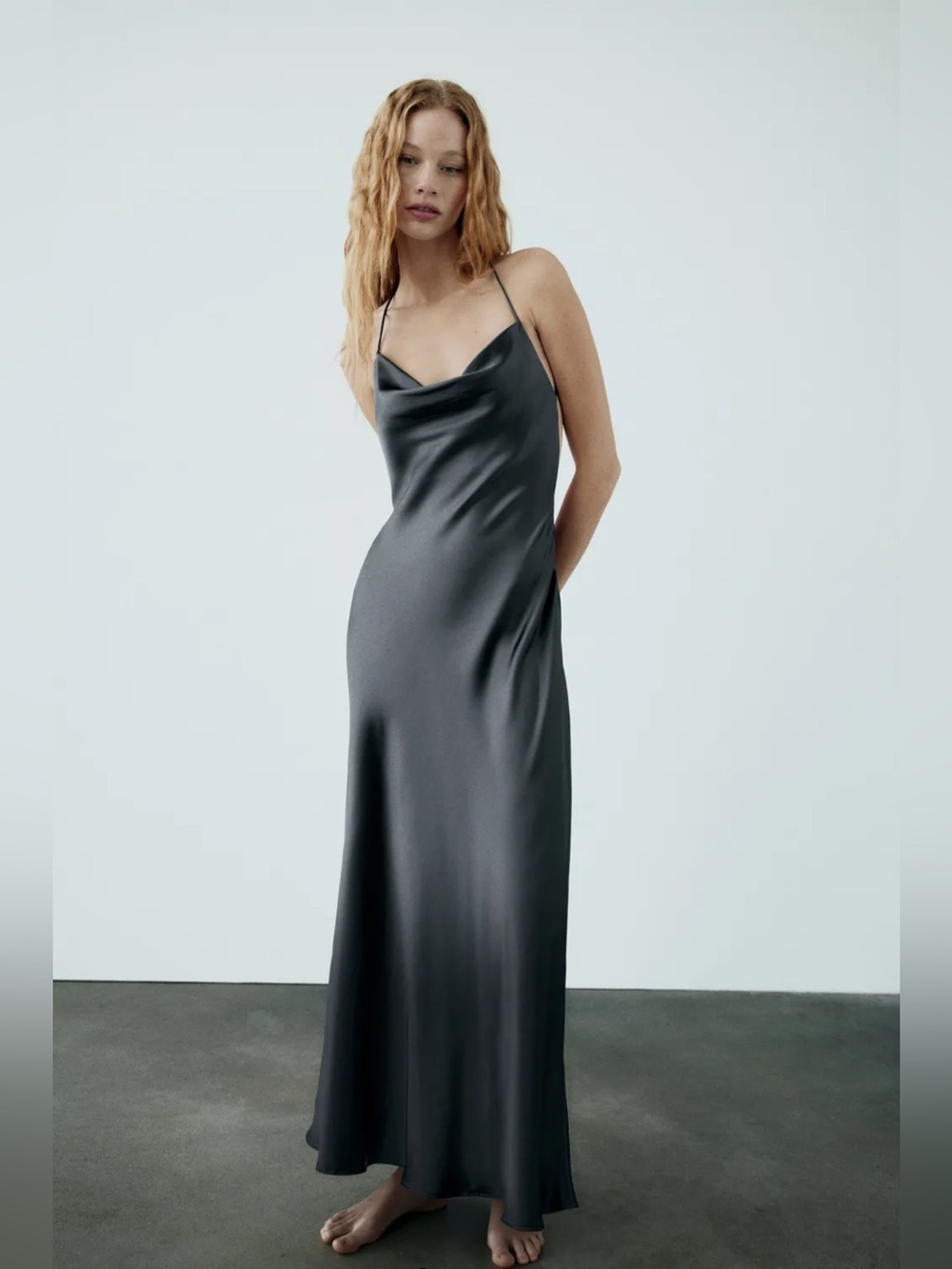 Zara Charcoal Gray Cowl Neck Open Back Satin Maxi Dress